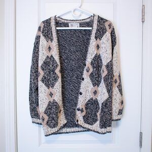 Geometric Knit Cardigan VTG S Gina Peters Sport Black Beige 80s Cozy Soft Summer